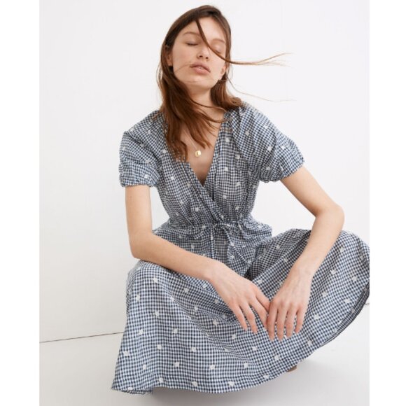 MADEWELL Embroidered Gingham Faux-Wrap Tie-Waist Midi Dress Navy Size S - Picture 2 of 9